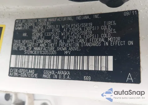 2012 Toyota Highlander Limited V6 z USA, uszkodzony, nr VIN 5TDYK3EH1CS053305